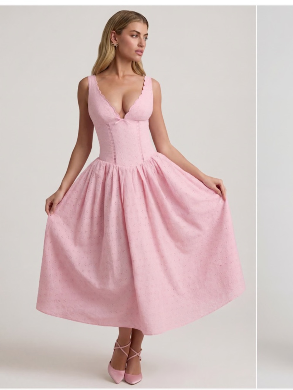 Oh Polly Pink Broderie Anglaise A-Line Midaxi Dress